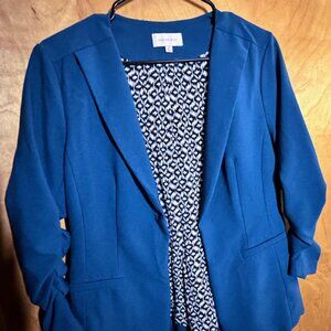 Skies Are Blue Raja Collarless Blazer Women's Medi Blue Teal Ruched Sleeve Lined